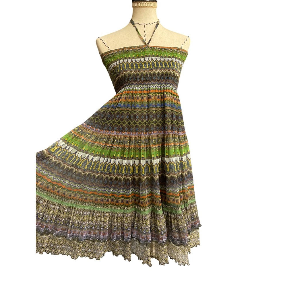 Lapis Convertible Smocked Dress Skirt Women's Small Sheer Olive Green Boho